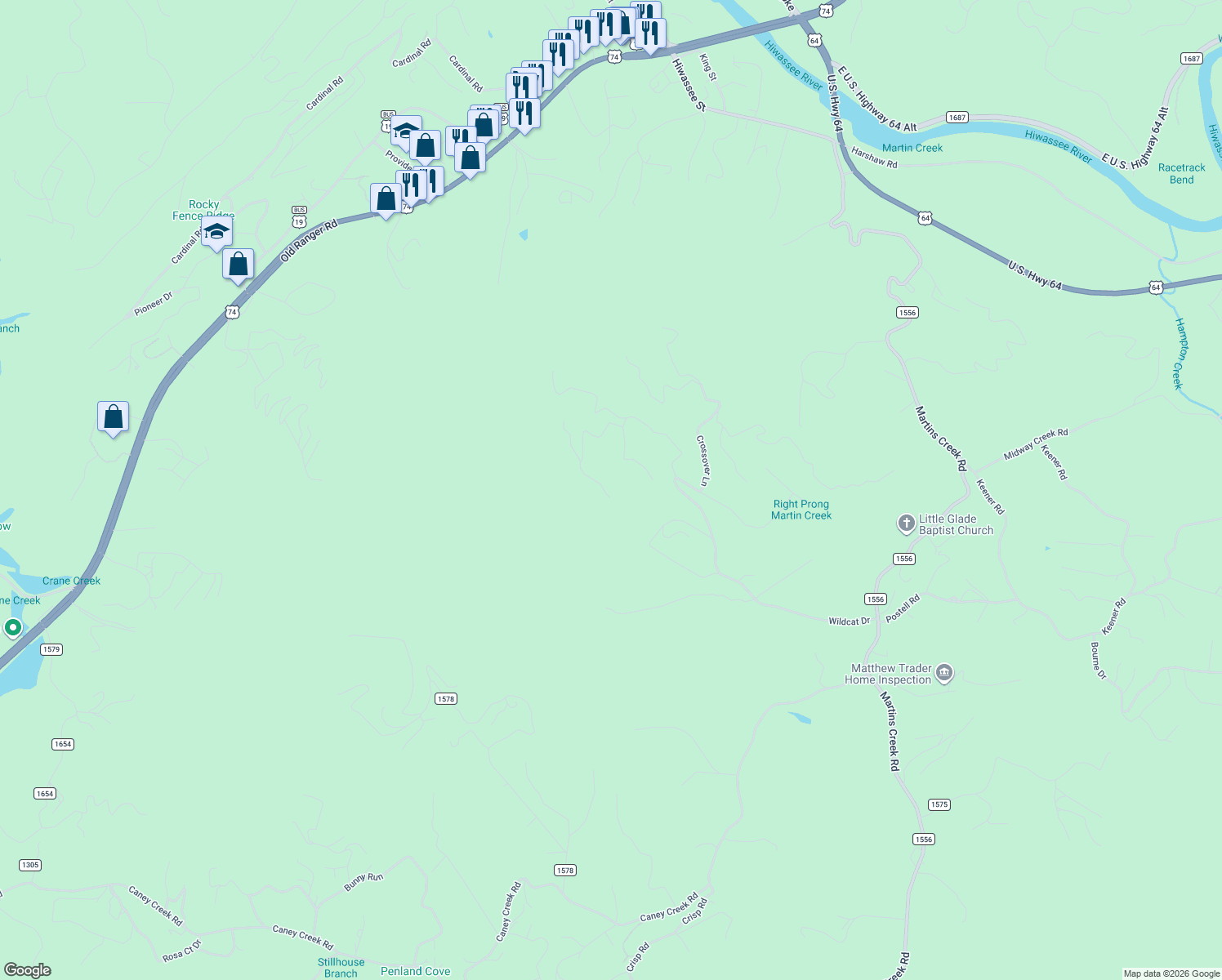 map of restaurants, bars, coffee shops, grocery stores, and more near 301 Alto Vista Road in Murphy