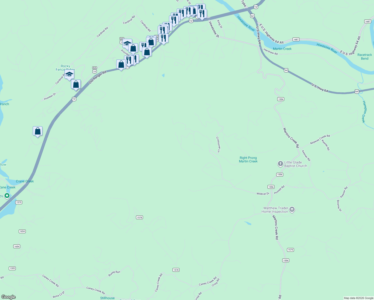 map of restaurants, bars, coffee shops, grocery stores, and more near 301 Alto Vista Road in Murphy