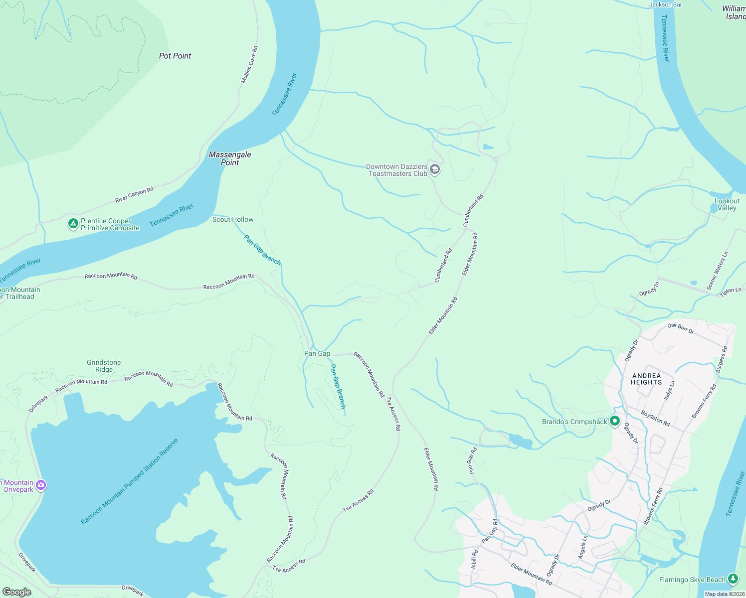 map of restaurants, bars, coffee shops, grocery stores, and more near 3 Cliff Top Lane in Chattanooga