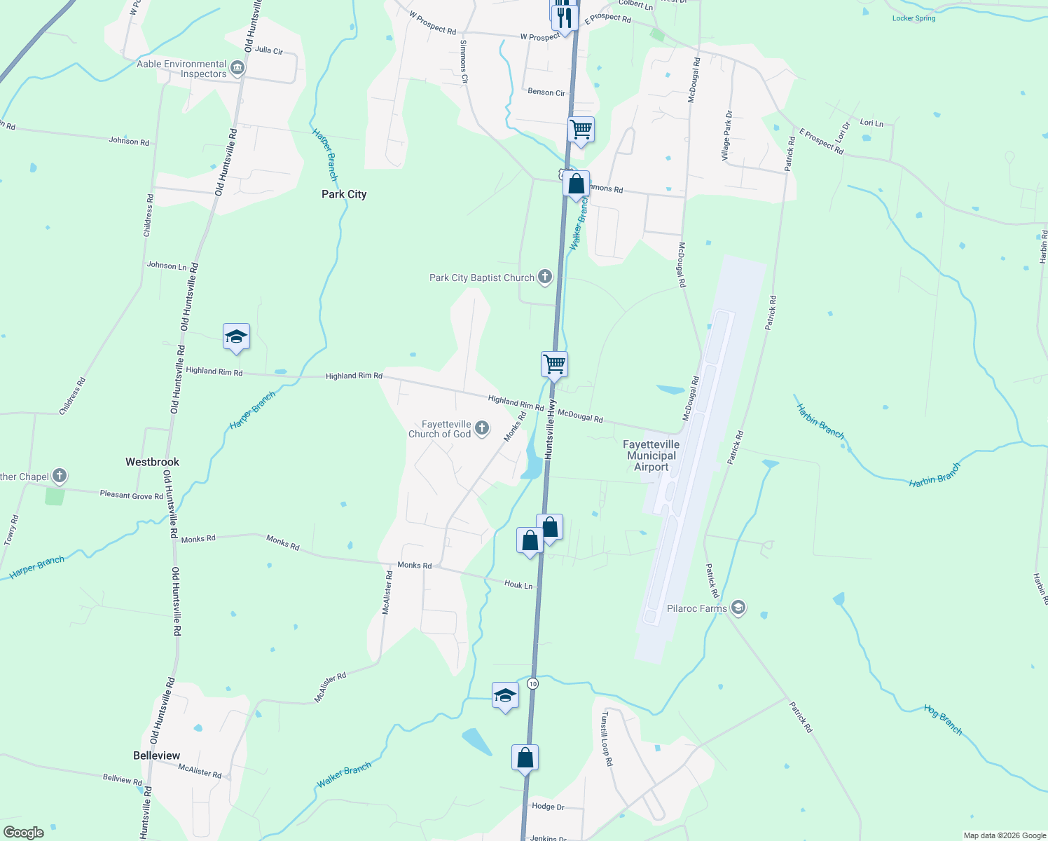 map of restaurants, bars, coffee shops, grocery stores, and more near 4 Highland Rim Road in Fayetteville