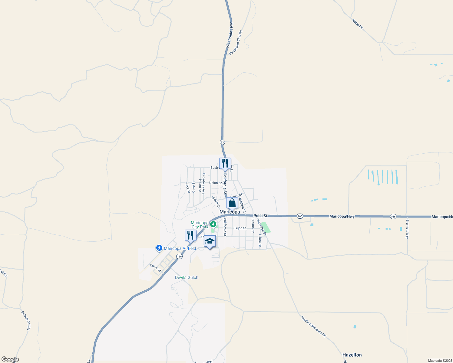 map of restaurants, bars, coffee shops, grocery stores, and more near 400 California Street in Maricopa