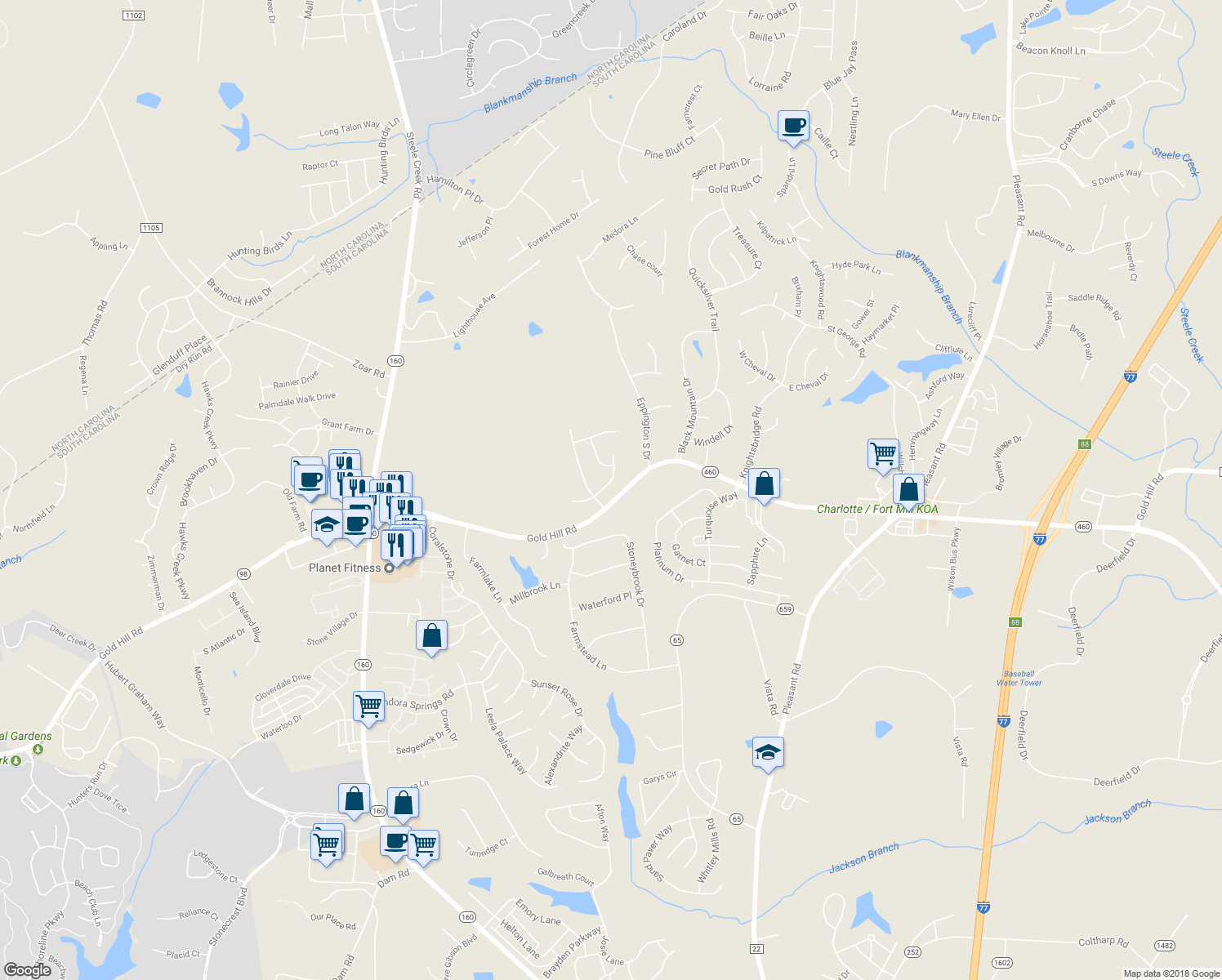 map of restaurants, bars, coffee shops, grocery stores, and more near 216 Sycamore Creek Road in Fort Mill