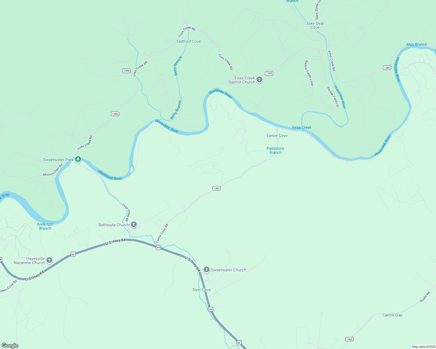 map of restaurants, bars, coffee shops, grocery stores, and more near 145 Thunder Road in Hayesville