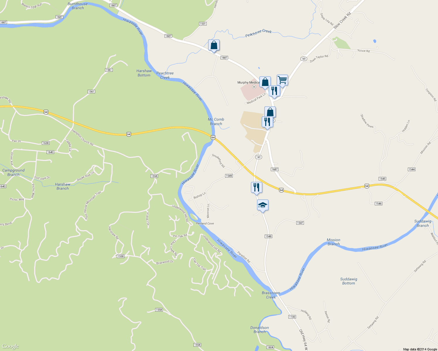 map of restaurants, bars, coffee shops, grocery stores, and more near 286 McCombs Rd in Murphy