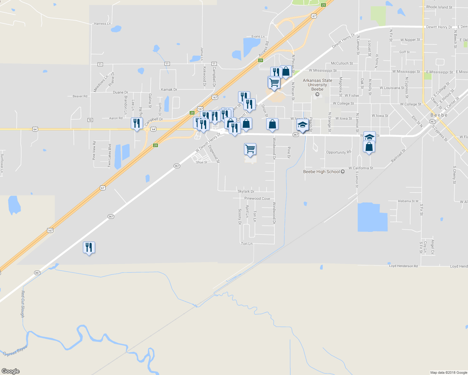 map of restaurants, bars, coffee shops, grocery stores, and more near 607 Sherry Drive in Beebe