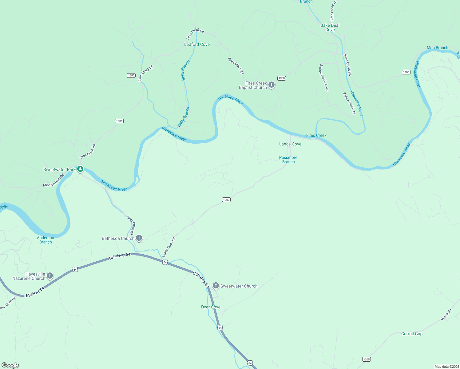map of restaurants, bars, coffee shops, grocery stores, and more near 145 Thunder Road in Hayesville