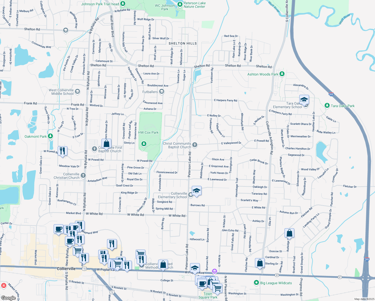 map of restaurants, bars, coffee shops, grocery stores, and more near 207 Anita Cove in Collierville