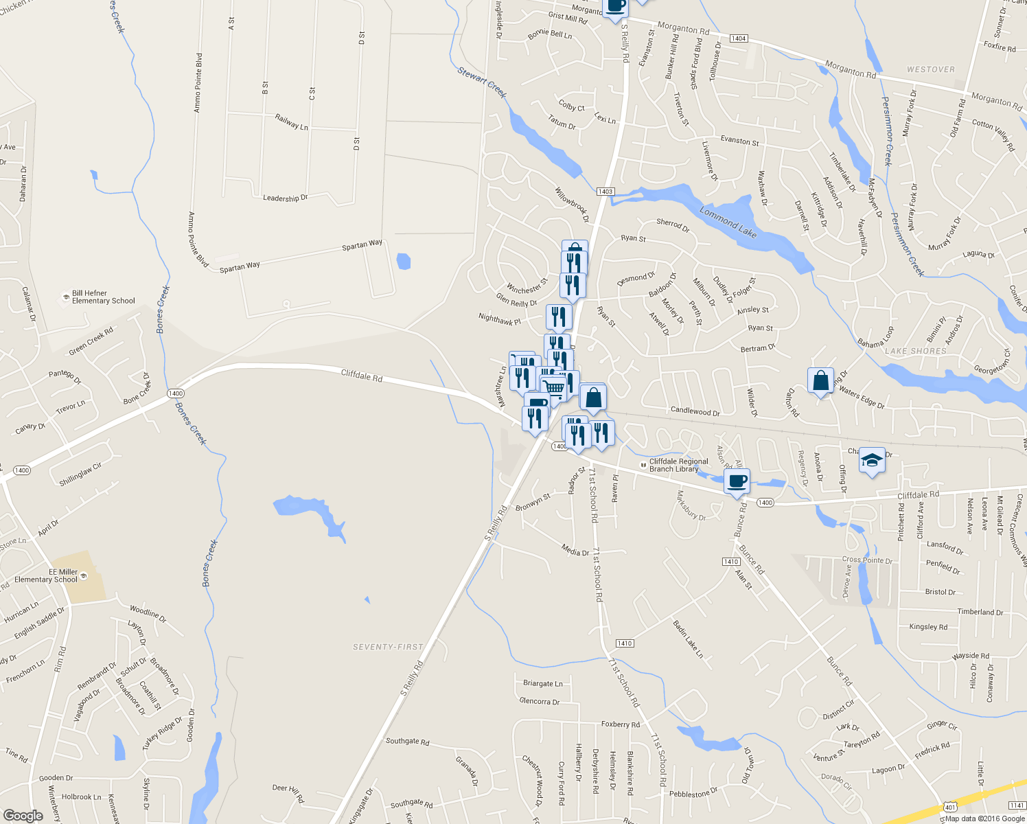 map of restaurants, bars, coffee shops, grocery stores, and more near 7124 Cliffdale Road in Fayetteville