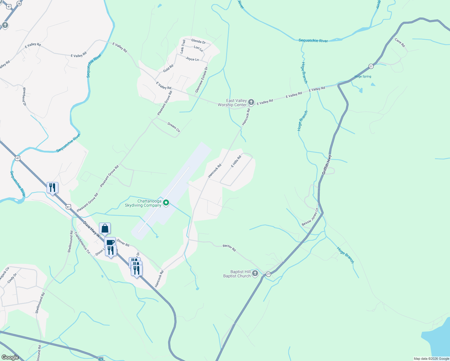 map of restaurants, bars, coffee shops, grocery stores, and more near 941 East Hills Road in Jasper