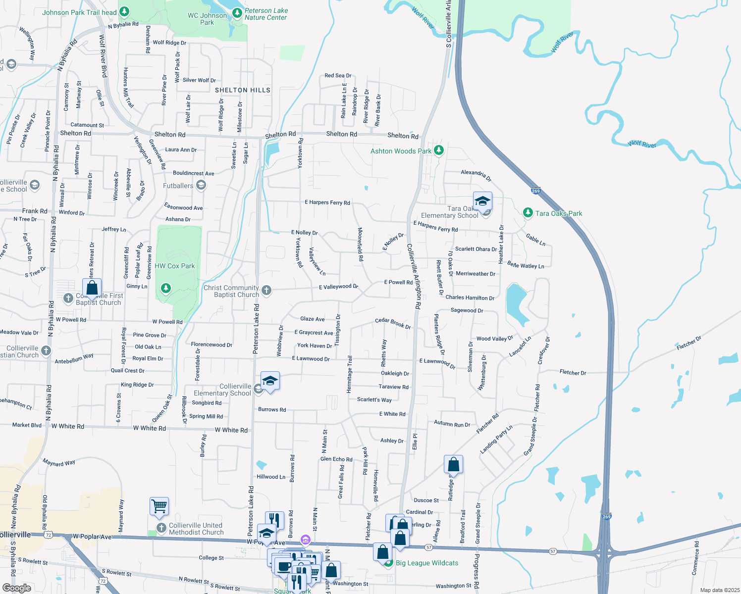 map of restaurants, bars, coffee shops, grocery stores, and more near 319 East Valleywood Drive in Collierville