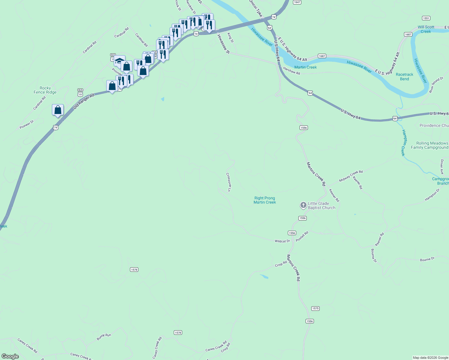 map of restaurants, bars, coffee shops, grocery stores, and more near 944 Wildcat Drive in Murphy