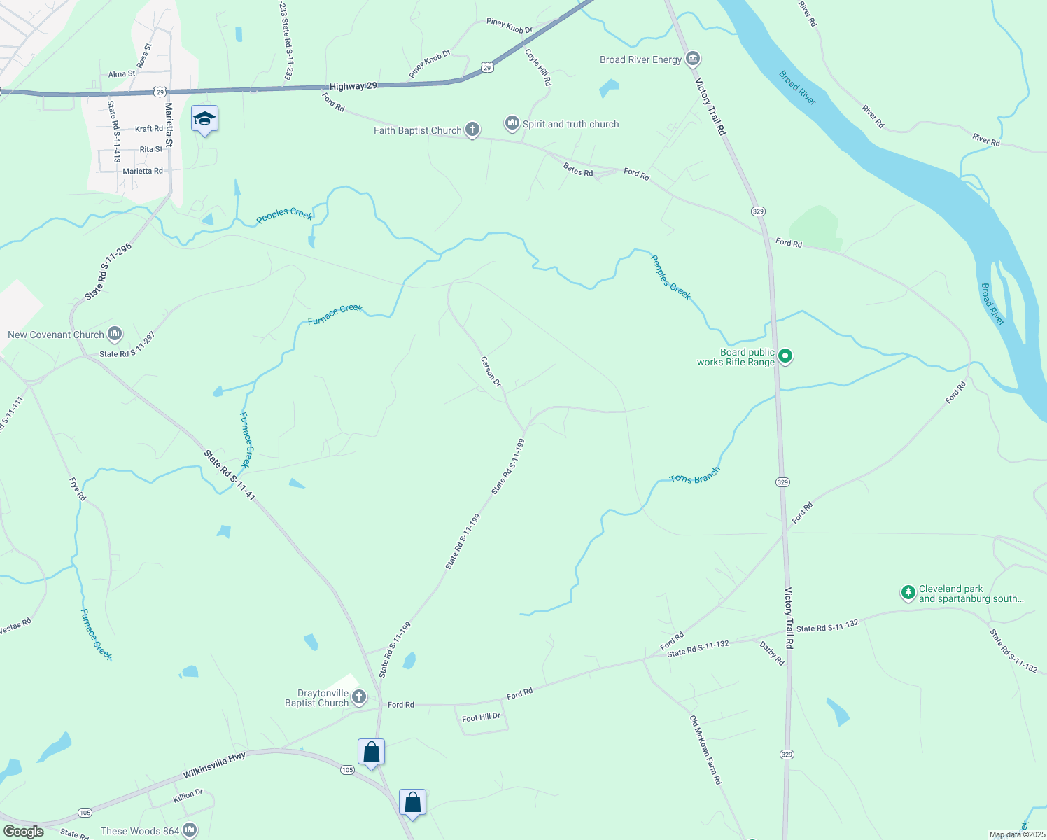map of restaurants, bars, coffee shops, grocery stores, and more near 108 Carson Drive in Gaffney