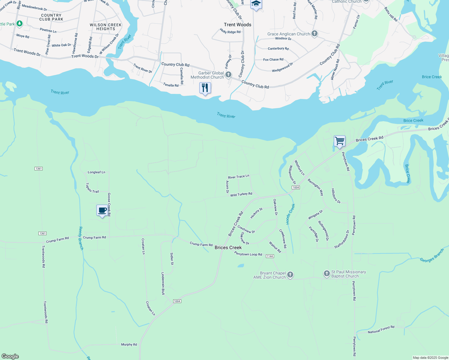 map of restaurants, bars, coffee shops, grocery stores, and more near 1985 Acorn Drive in New Bern