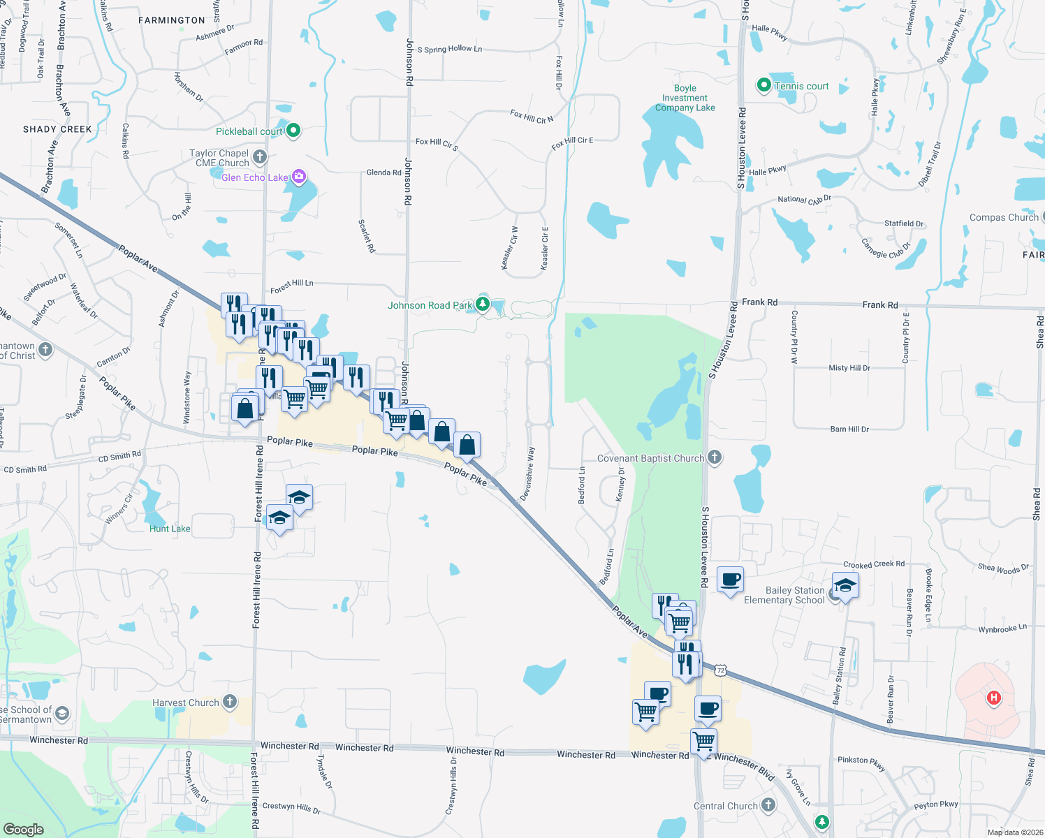 map of restaurants, bars, coffee shops, grocery stores, and more near 3137 Devonshire Way in Germantown