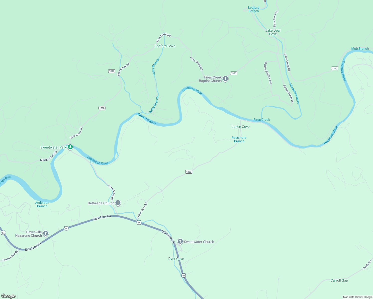 map of restaurants, bars, coffee shops, grocery stores, and more near 254 Thunder Road East in Hayesville