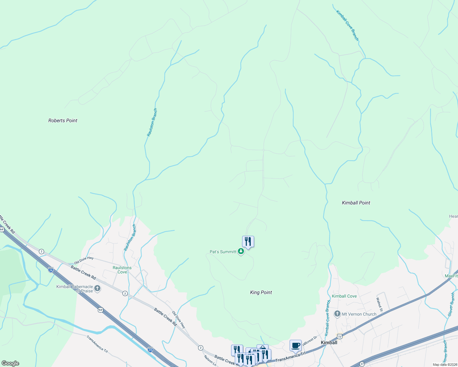 map of restaurants, bars, coffee shops, grocery stores, and more near 315 Sweedens Overlook in Jasper
