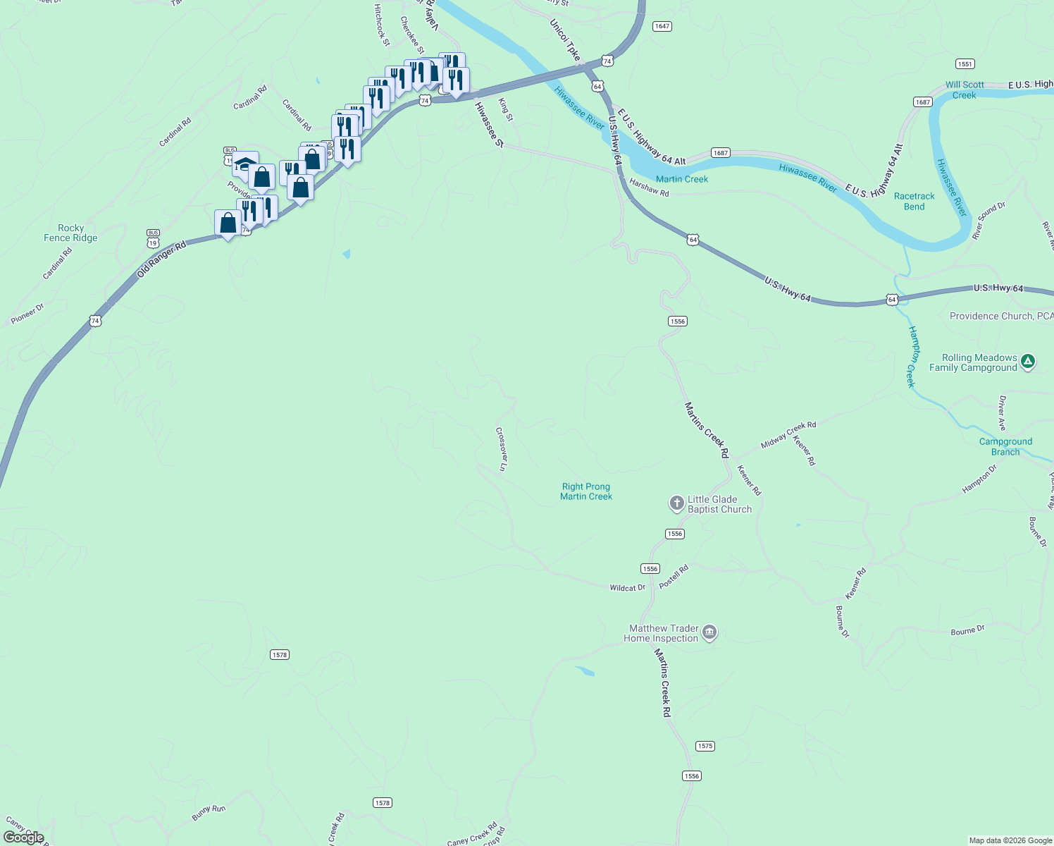 map of restaurants, bars, coffee shops, grocery stores, and more near 34 Red Bud Lane in Murphy