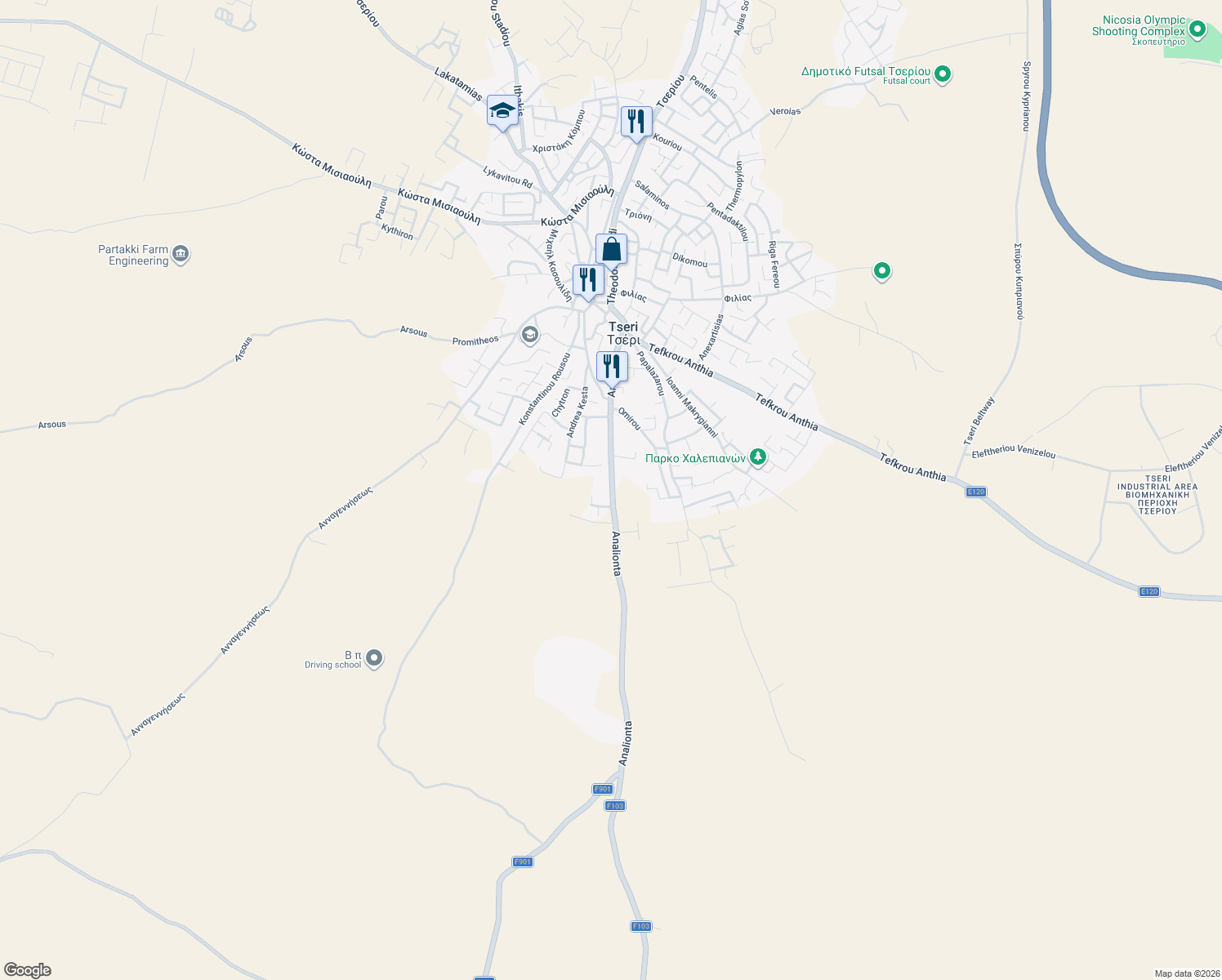 map of restaurants, bars, coffee shops, grocery stores, and more near Analionta in Tseri