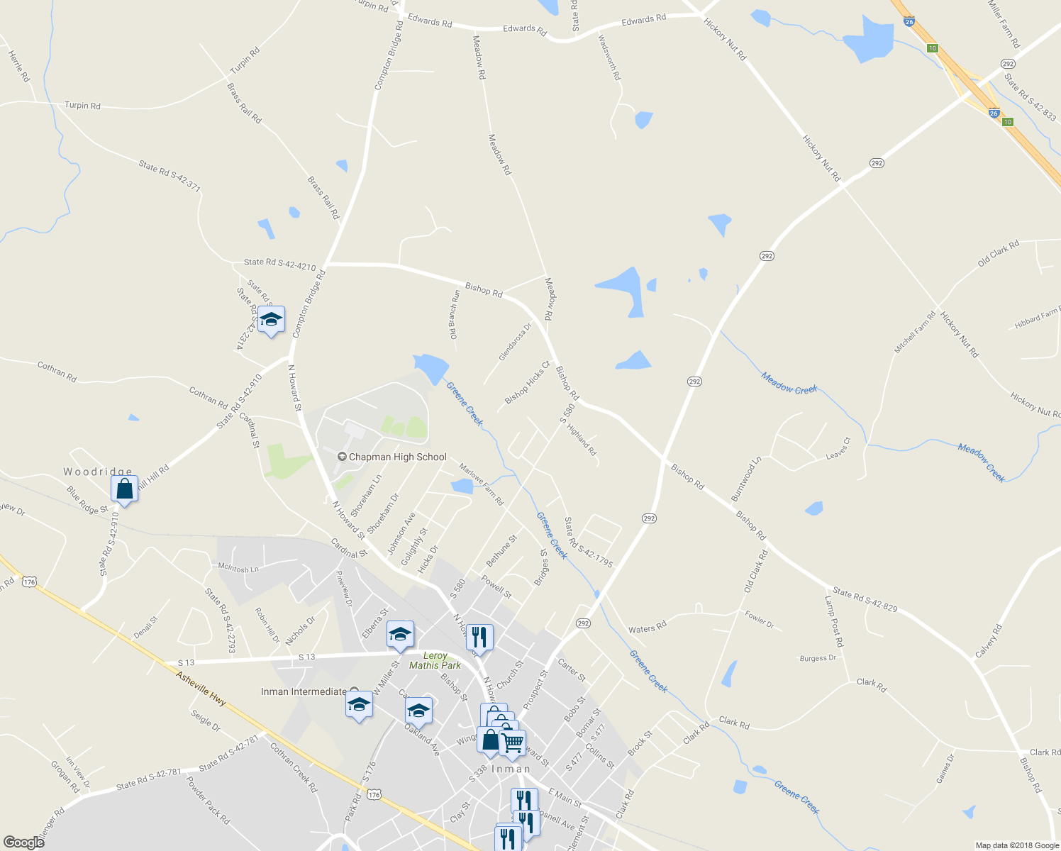 map of restaurants, bars, coffee shops, grocery stores, and more near 141 Summers Street in Inman