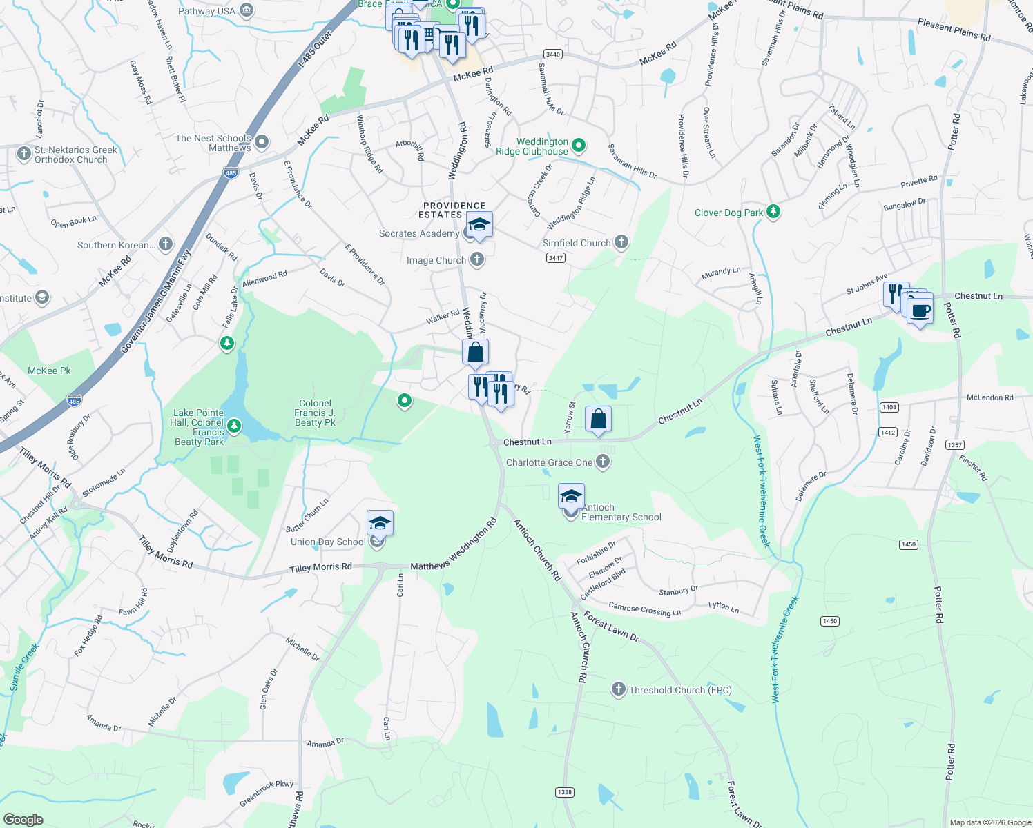 map of restaurants, bars, coffee shops, grocery stores, and more near 3017 Strawberry Road in Matthews