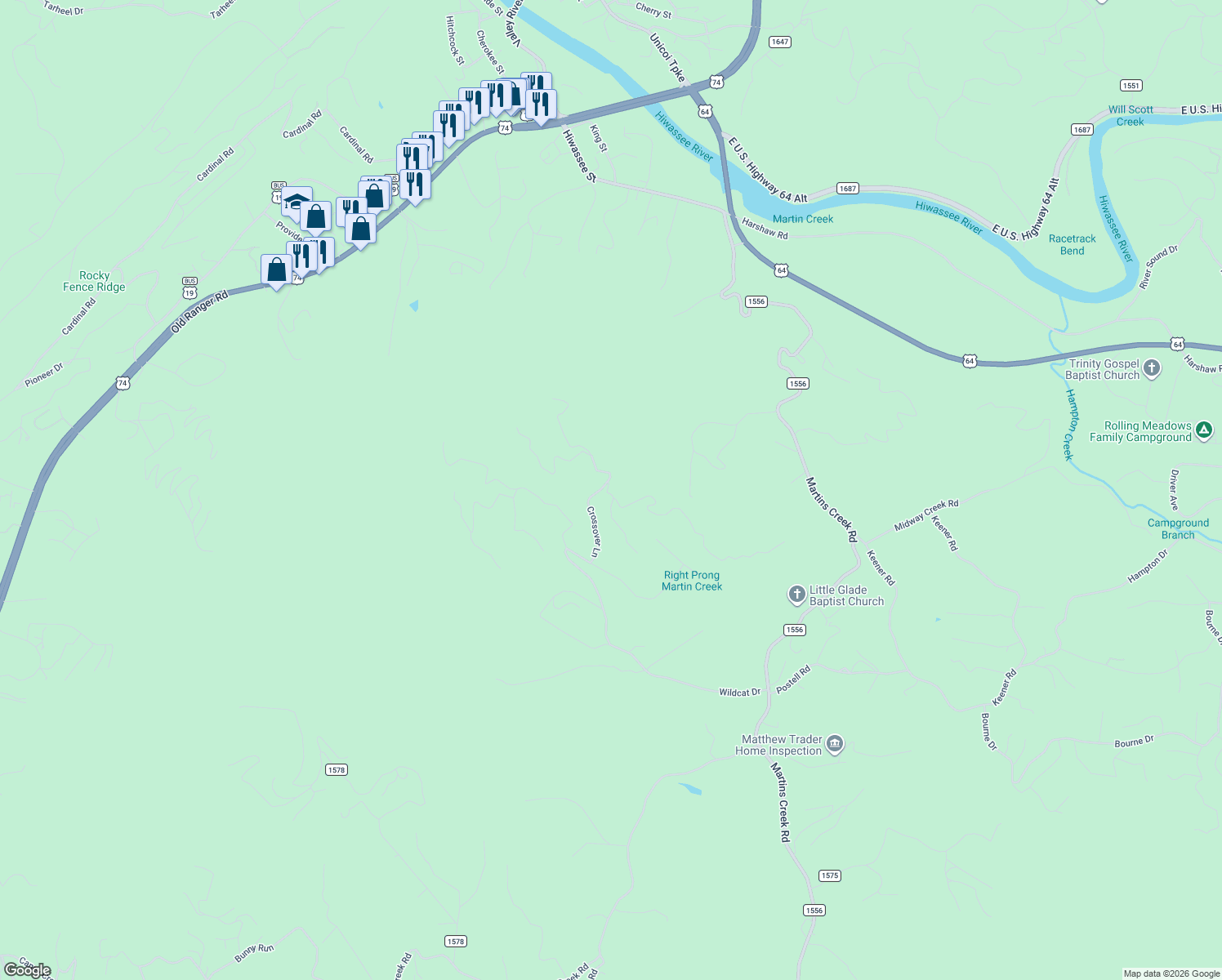 map of restaurants, bars, coffee shops, grocery stores, and more near 34 Red Bud Lane in Murphy