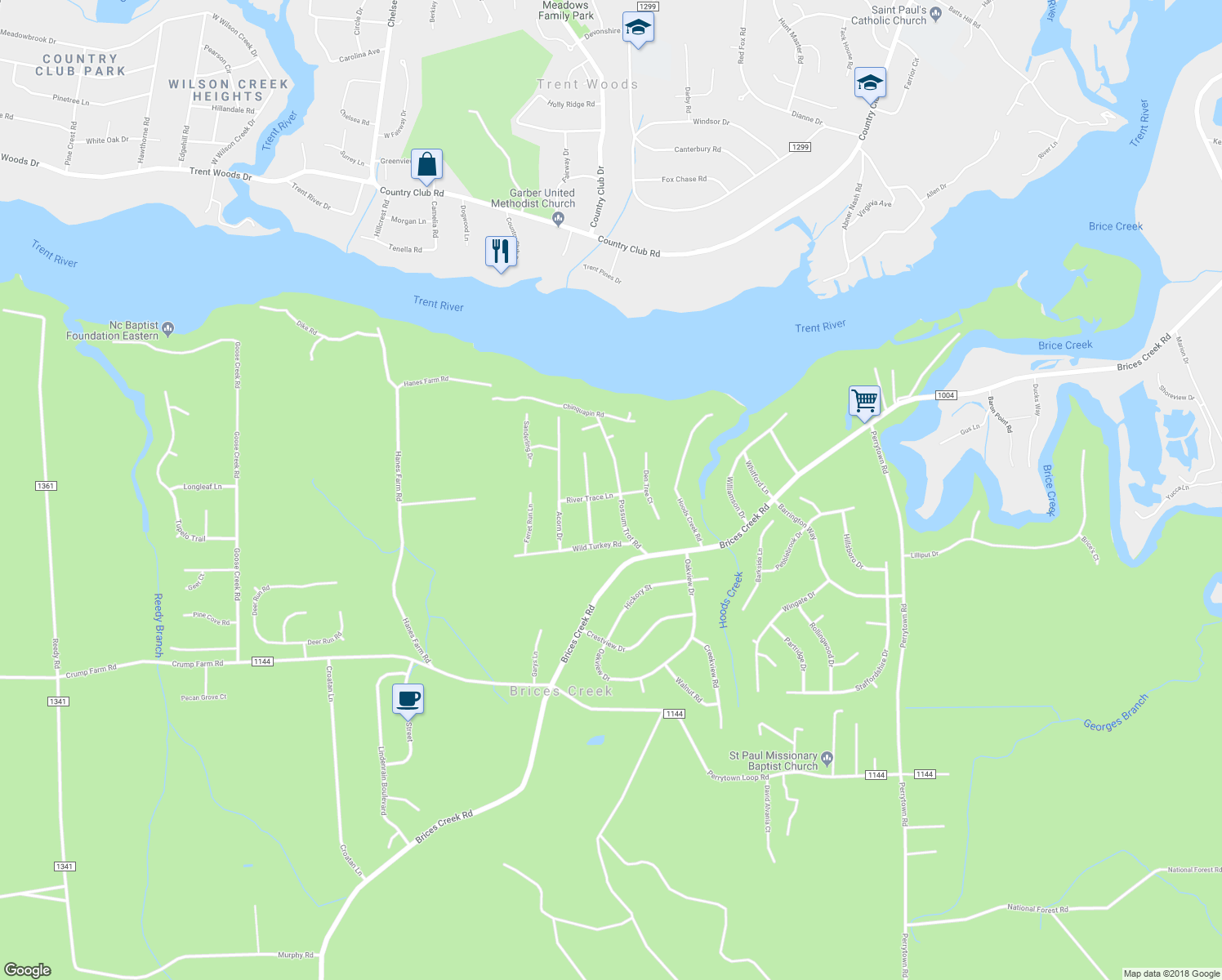map of restaurants, bars, coffee shops, grocery stores, and more near 1897 Possum Trot Road in New Bern