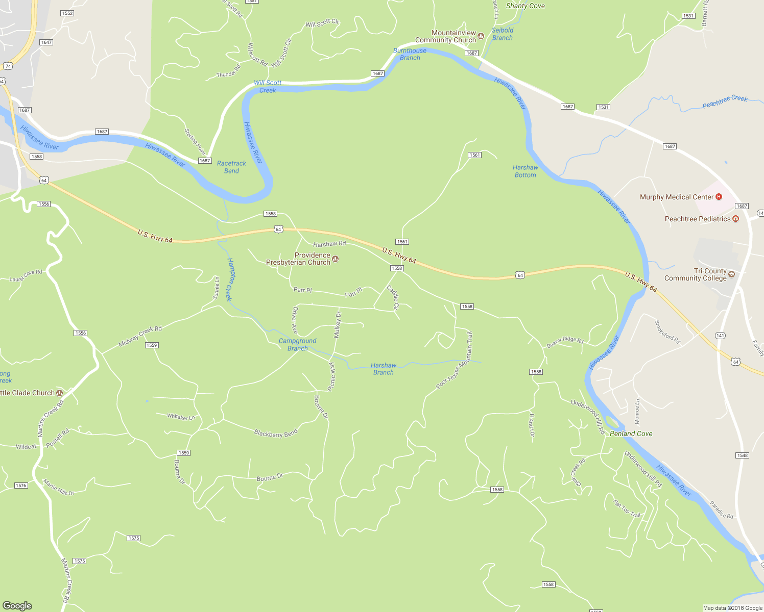 map of restaurants, bars, coffee shops, grocery stores, and more near 201 Mulkey Drive in Murphy