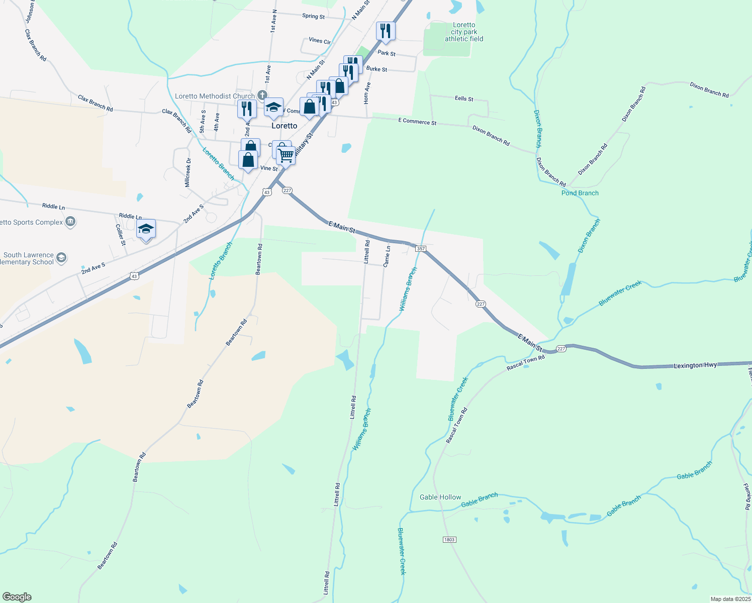 map of restaurants, bars, coffee shops, grocery stores, and more near 515 Carrie Lane in Loretto