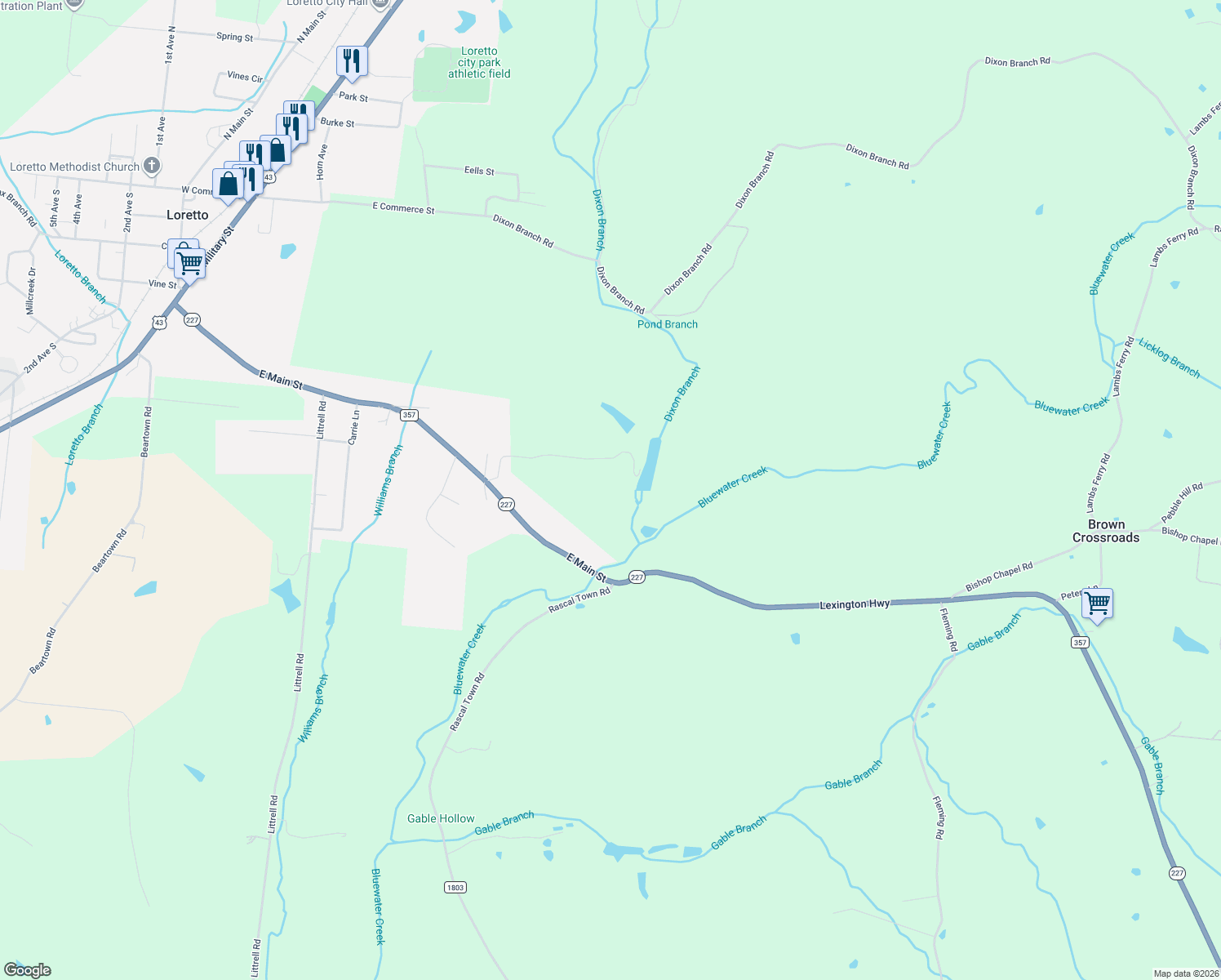 map of restaurants, bars, coffee shops, grocery stores, and more near in Loretto