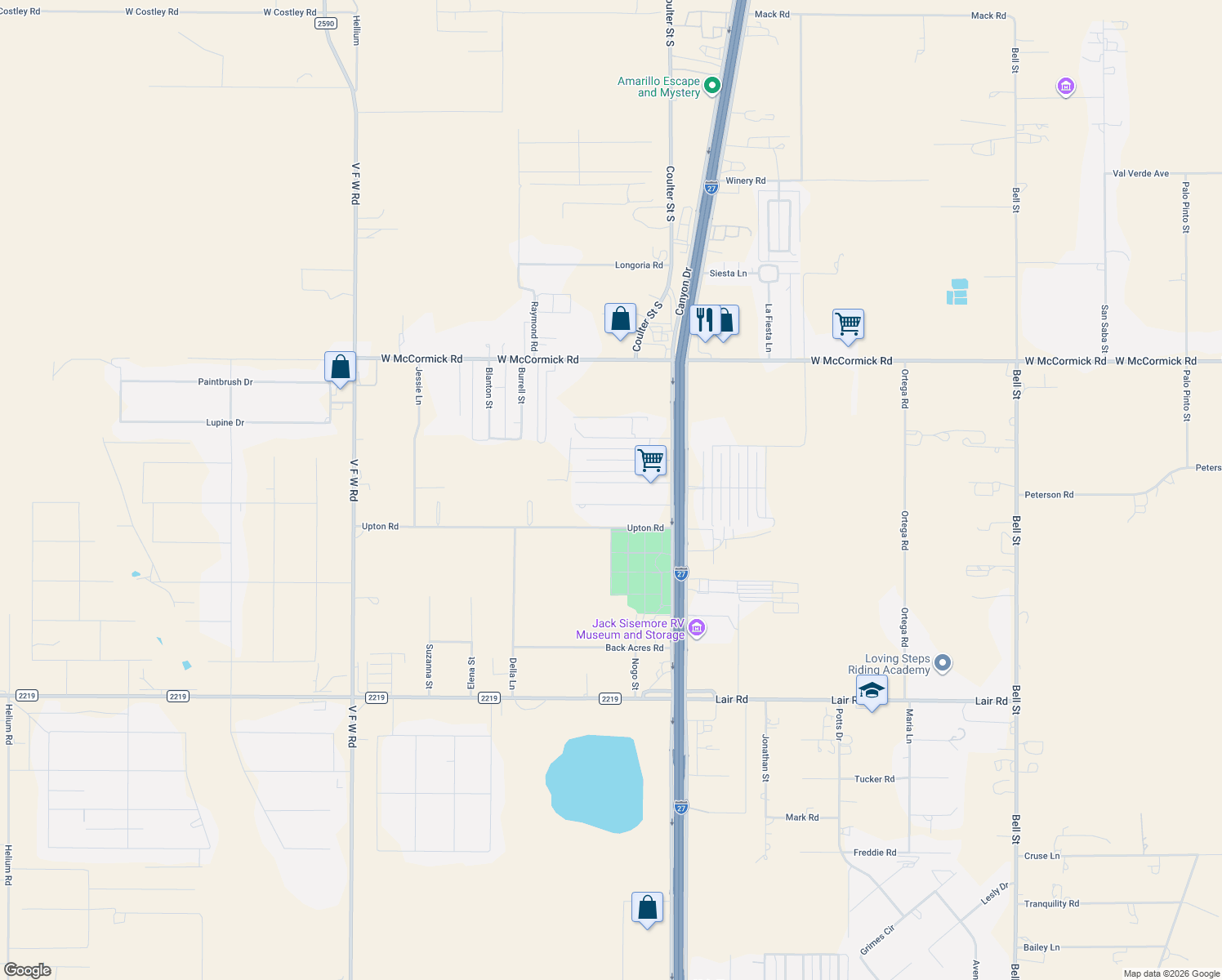 map of restaurants, bars, coffee shops, grocery stores, and more near 207 Rosemary Ln in Amarillo