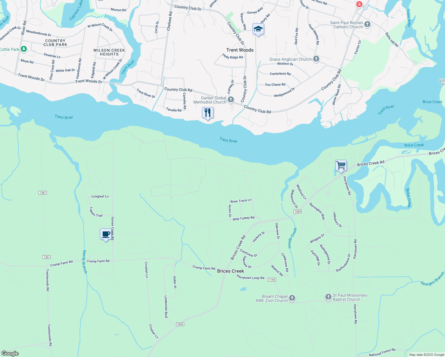 map of restaurants, bars, coffee shops, grocery stores, and more near 102 Pheasant Drive in New Bern