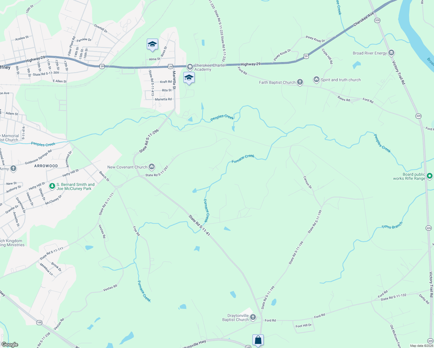 map of restaurants, bars, coffee shops, grocery stores, and more near 155 Brights Road in Gaffney
