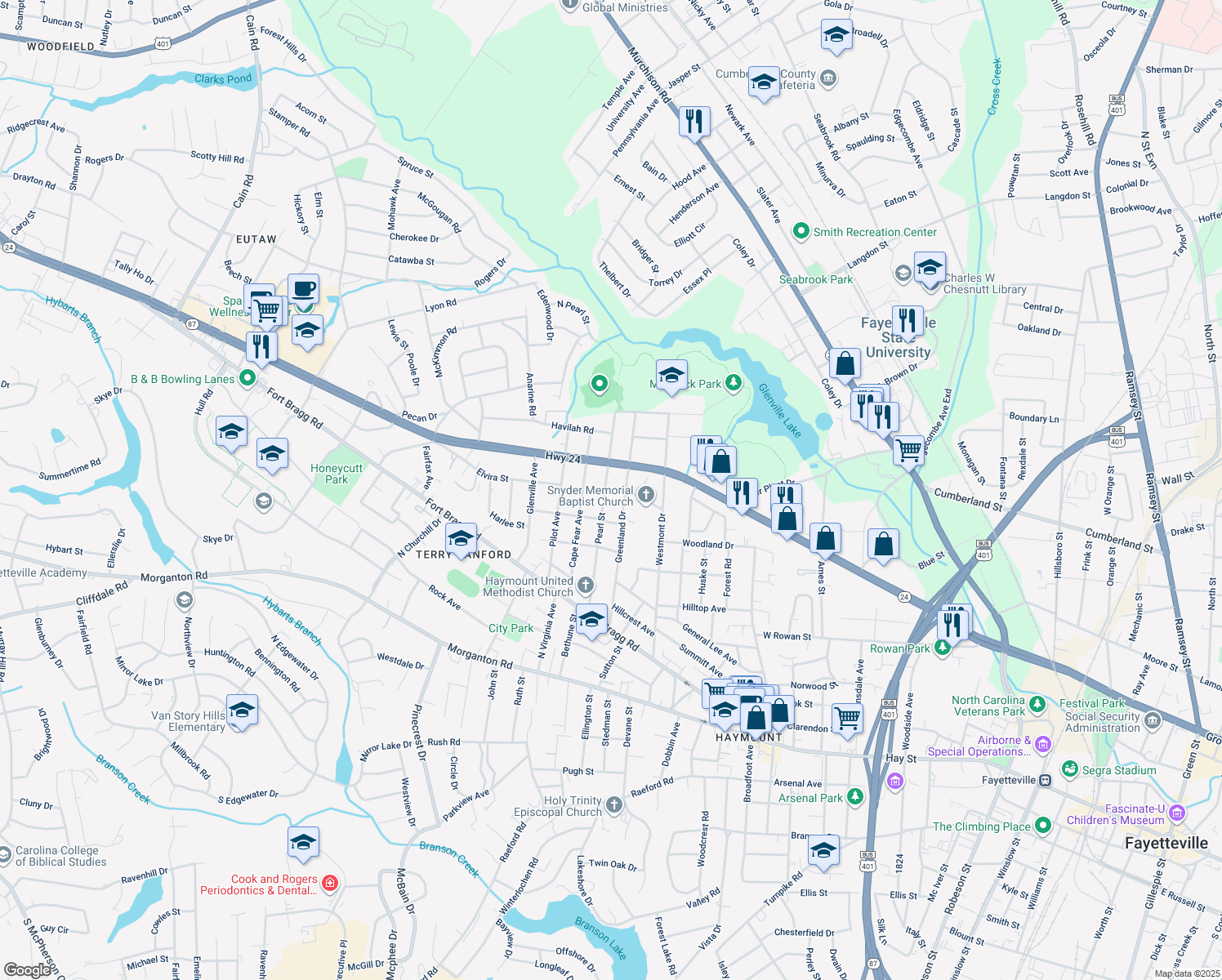 map of restaurants, bars, coffee shops, grocery stores, and more near 540 Pearl Street in Fayetteville