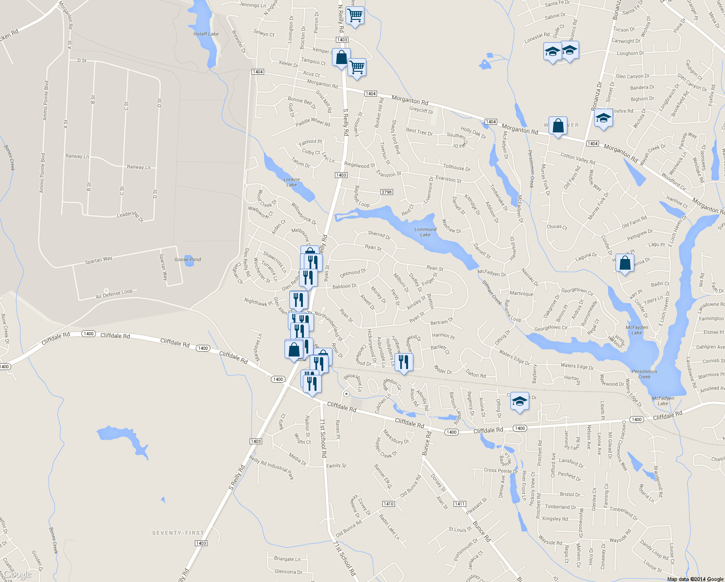 map of restaurants, bars, coffee shops, grocery stores, and more near 403 Atwell Drive in Fayetteville