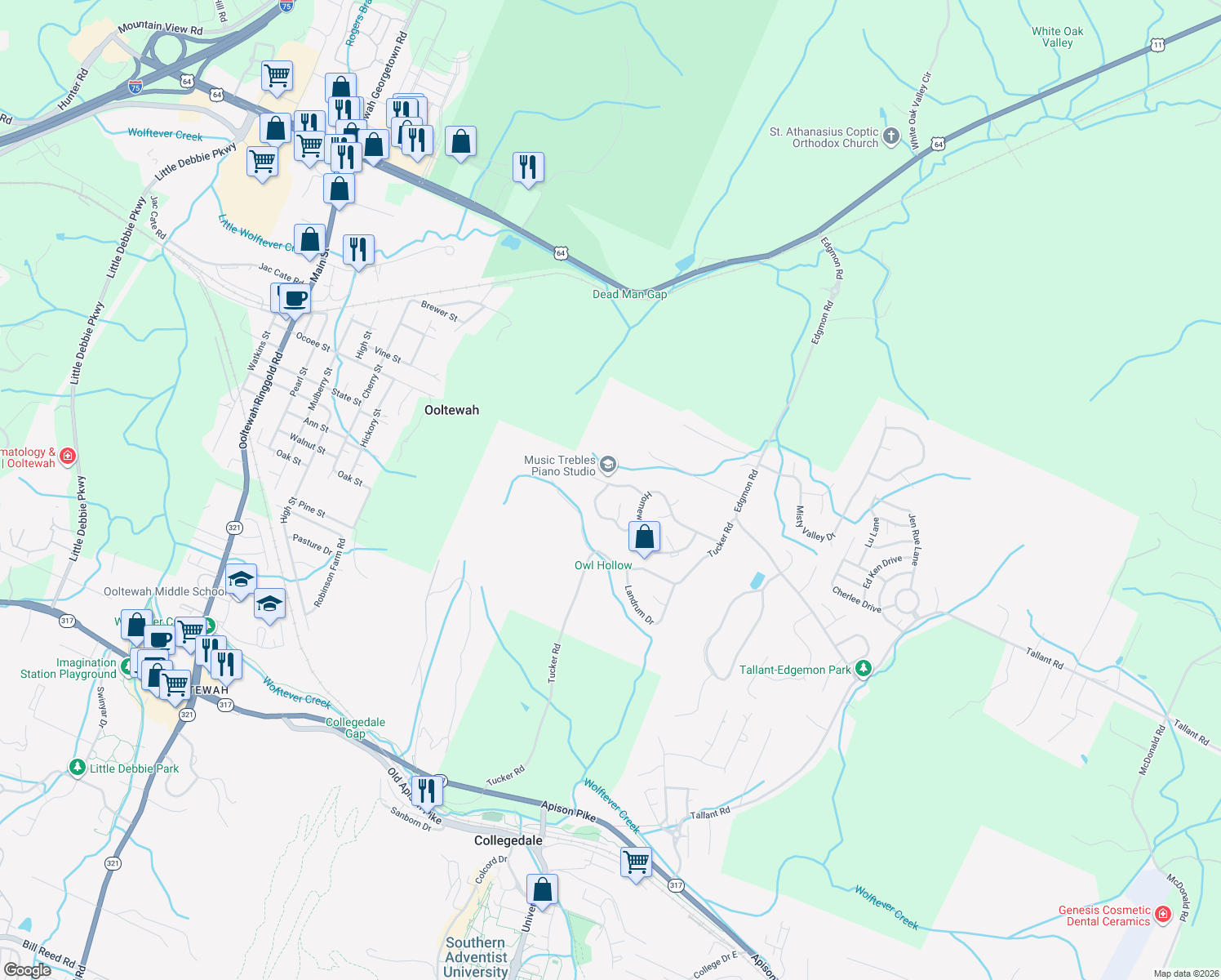 map of restaurants, bars, coffee shops, grocery stores, and more near 5576 Jonquil Lane in Ooltewah