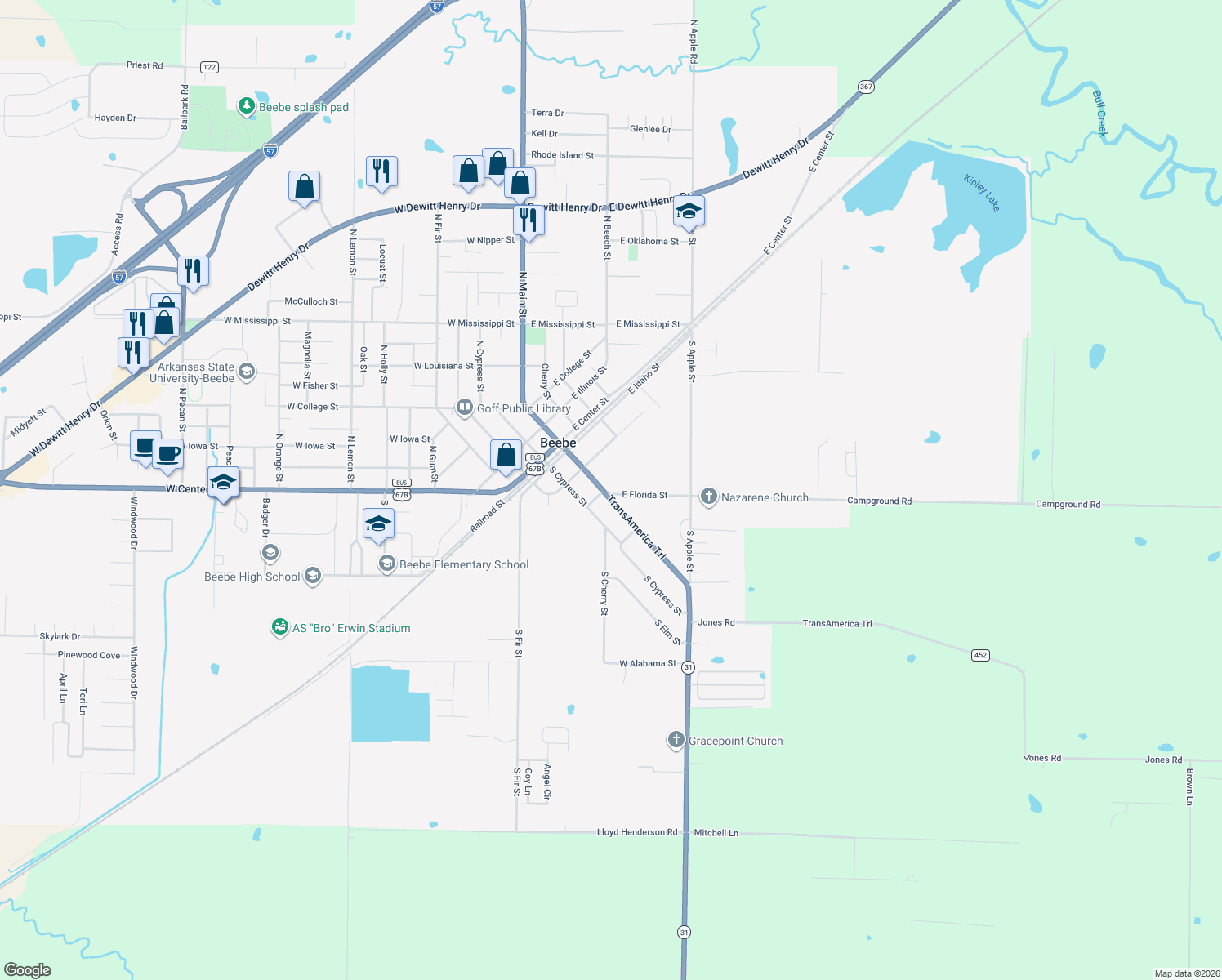 map of restaurants, bars, coffee shops, grocery stores, and more near 213 South Main Street in Beebe
