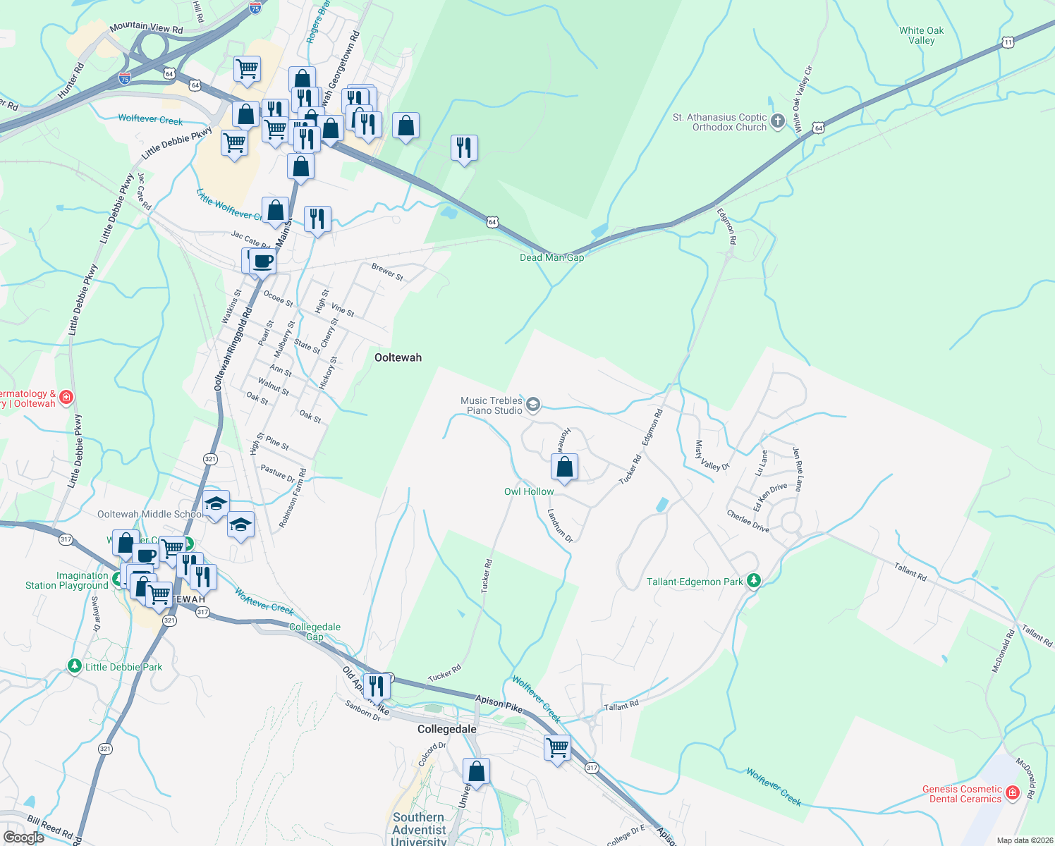 map of restaurants, bars, coffee shops, grocery stores, and more near 5576 Jonquil Lane in Ooltewah