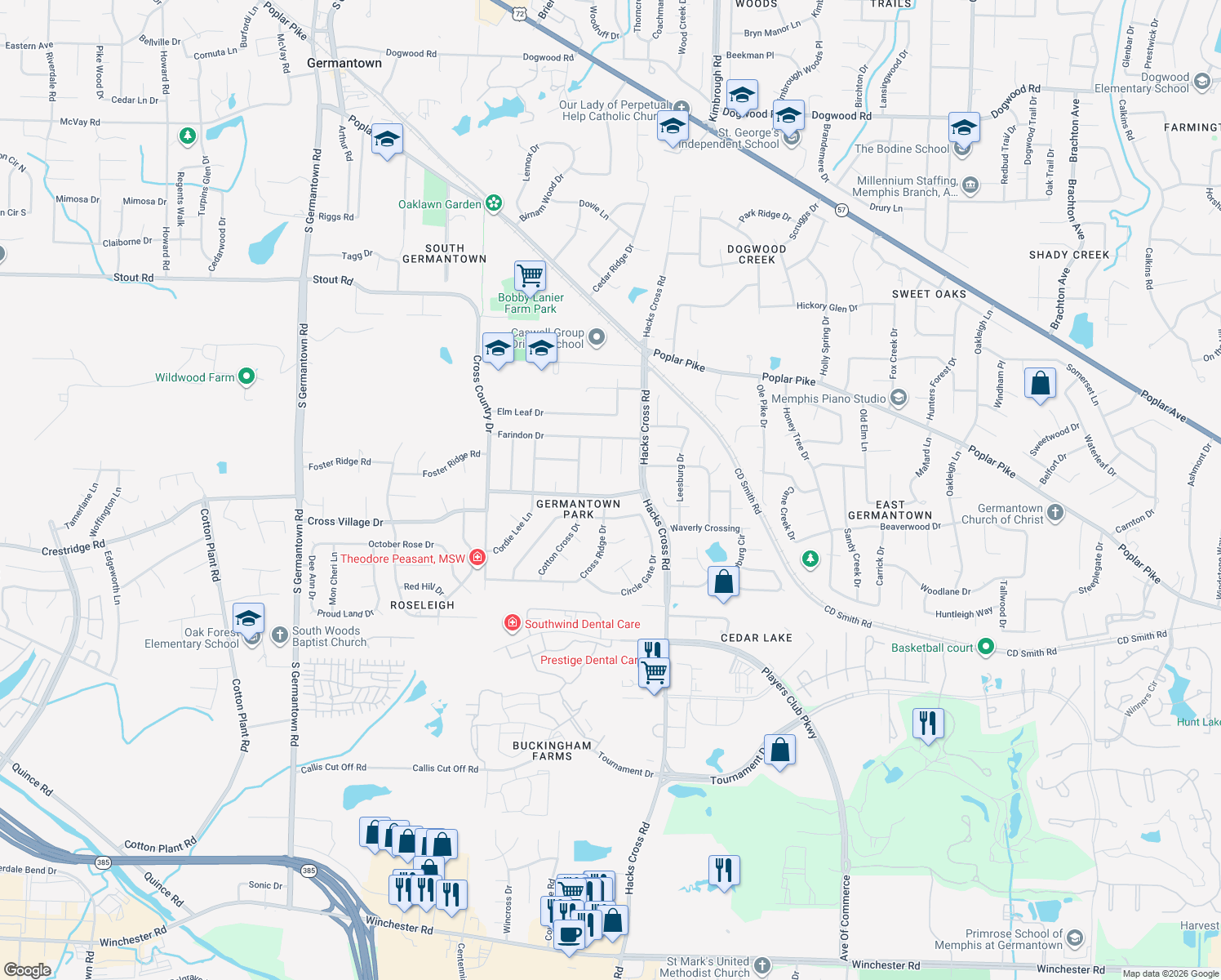 map of restaurants, bars, coffee shops, grocery stores, and more near 8008 Cross Village Drive in Memphis