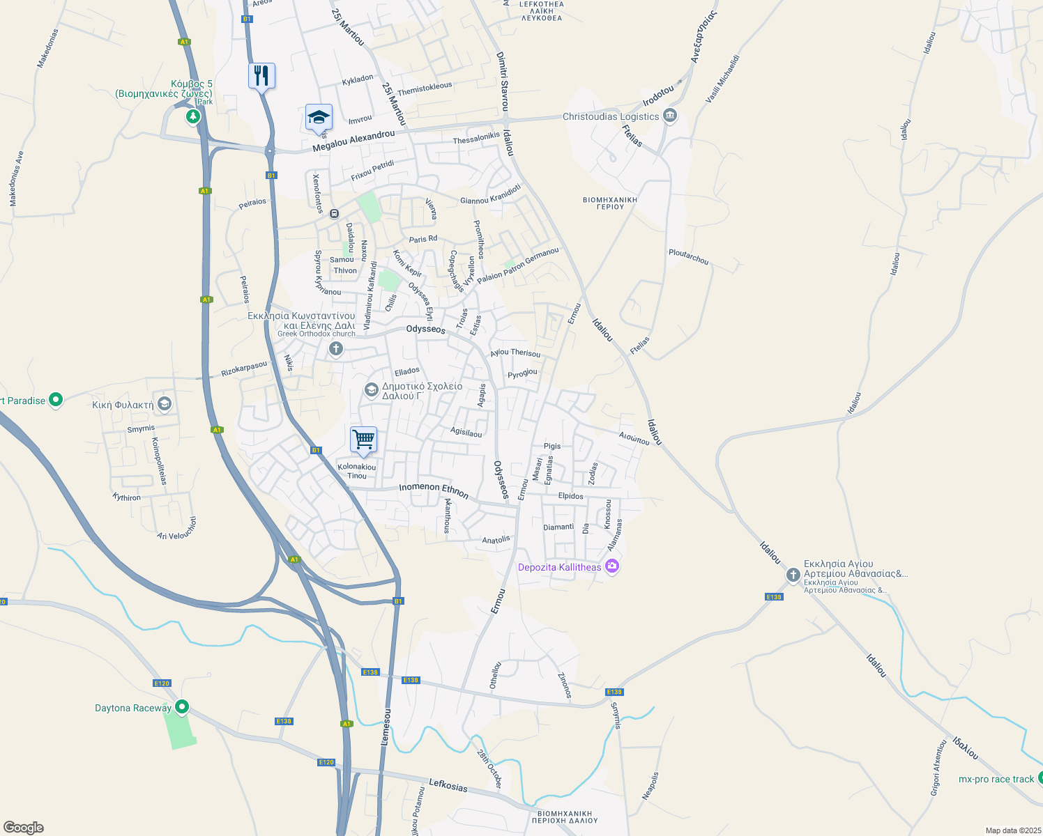 map of restaurants, bars, coffee shops, grocery stores, and more near Lythragkomis in Dali