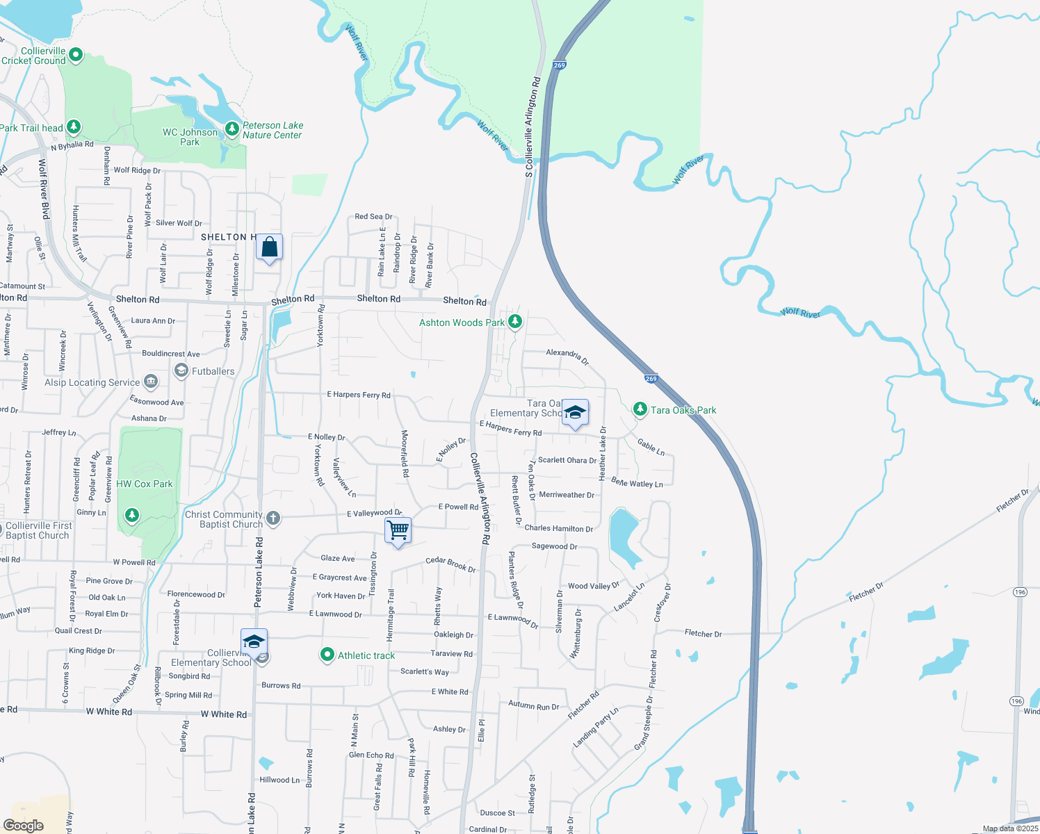 map of restaurants, bars, coffee shops, grocery stores, and more near 1057 Holly Leigh Cove in Collierville