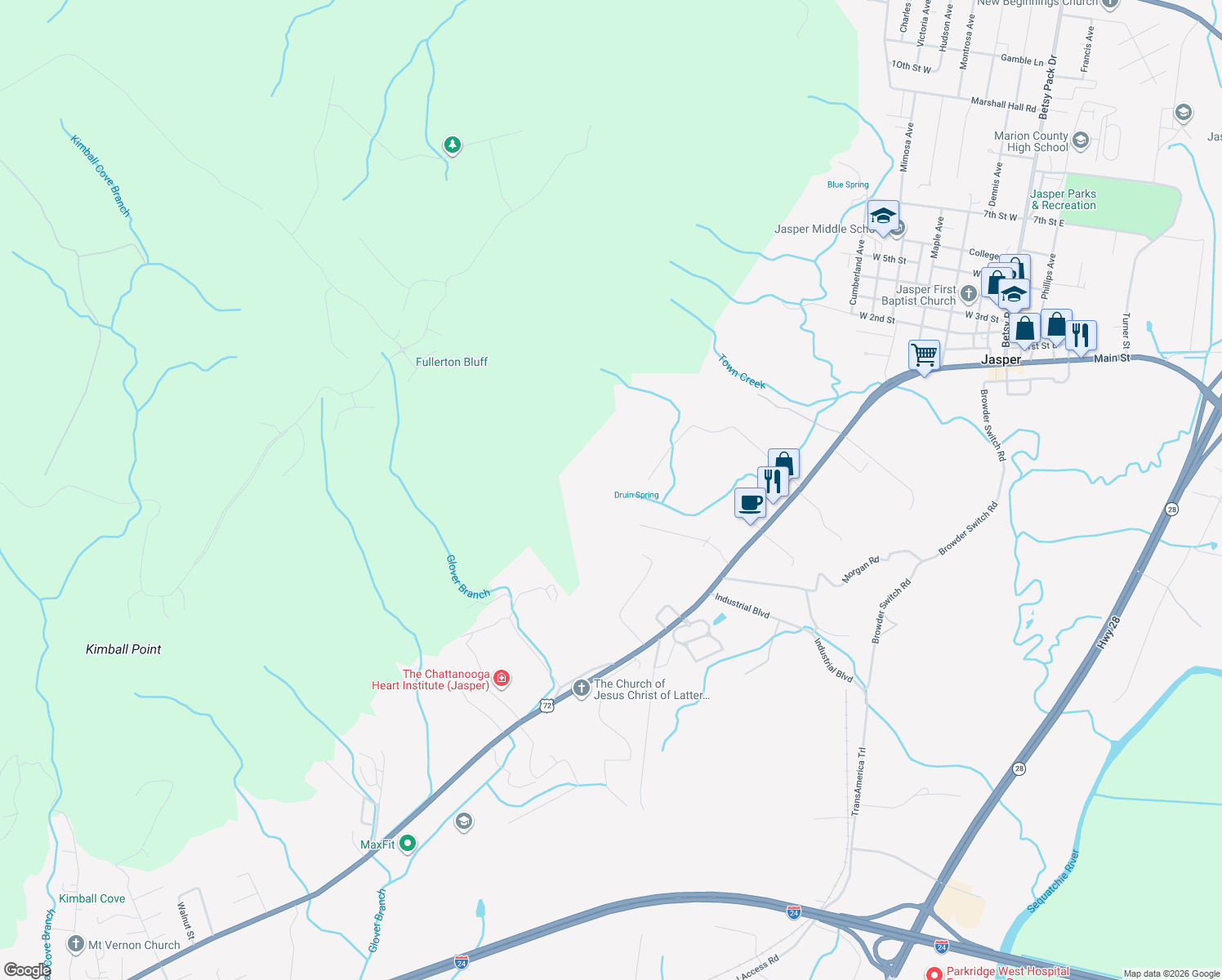 map of restaurants, bars, coffee shops, grocery stores, and more near 691 Summertown Road in Jasper