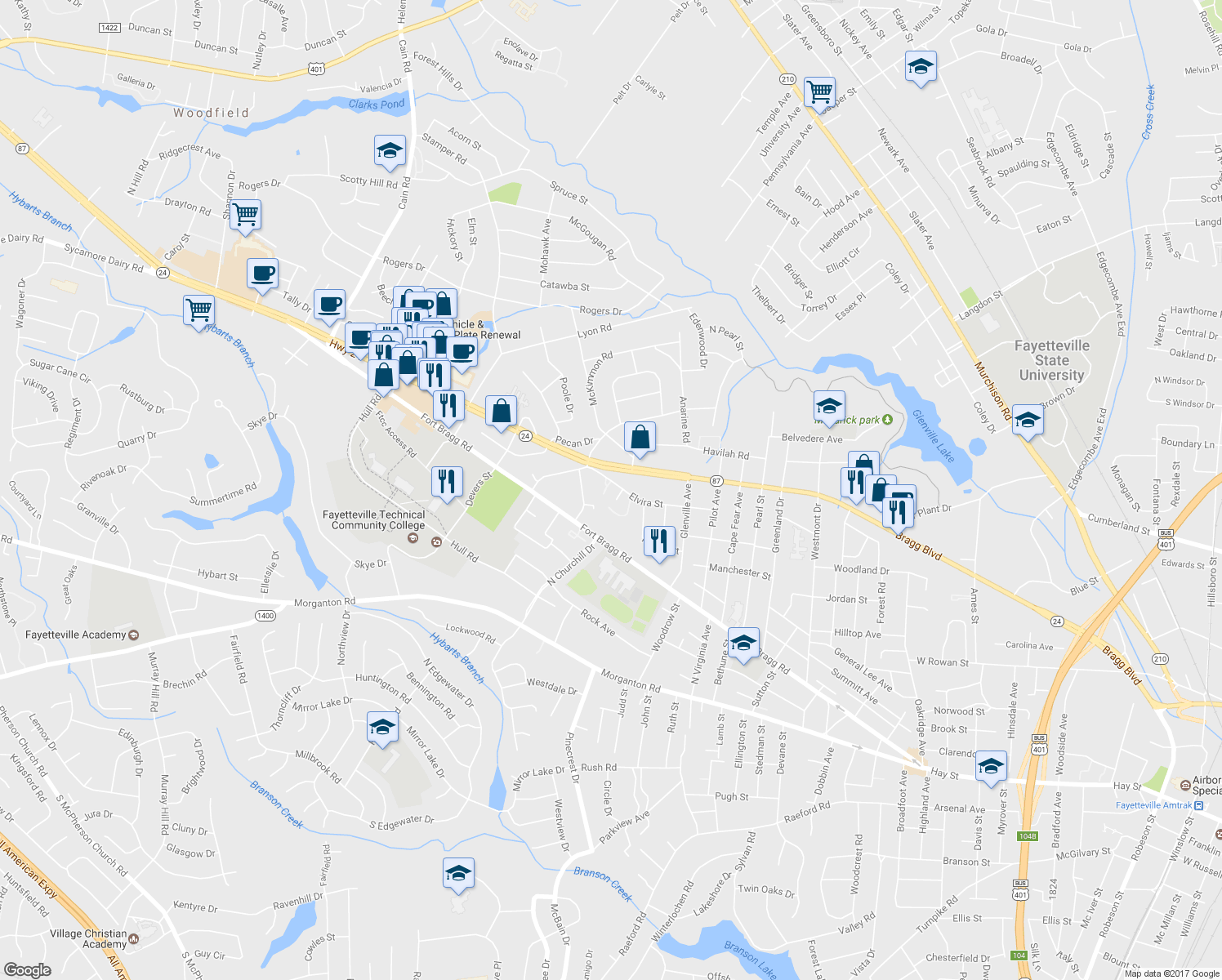 map of restaurants, bars, coffee shops, grocery stores, and more near 2108 Wexford Oaks Court in Fayetteville
