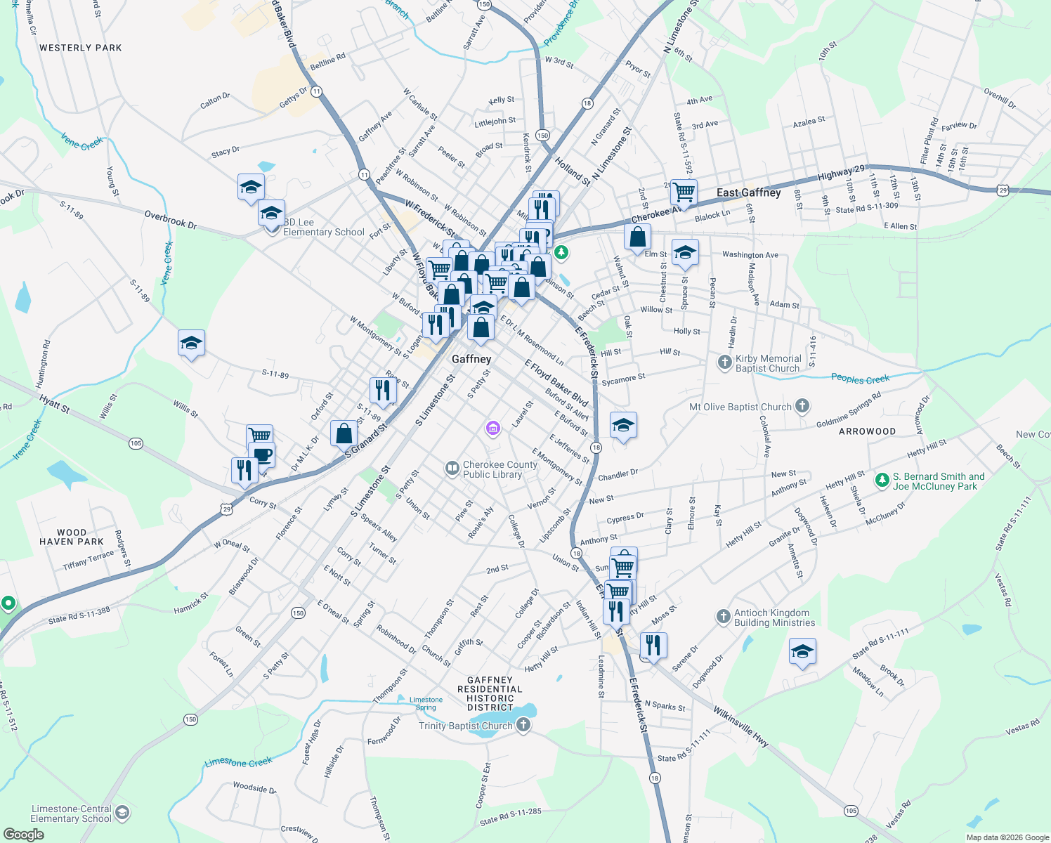 map of restaurants, bars, coffee shops, grocery stores, and more near 201 Laurel Street in Gaffney