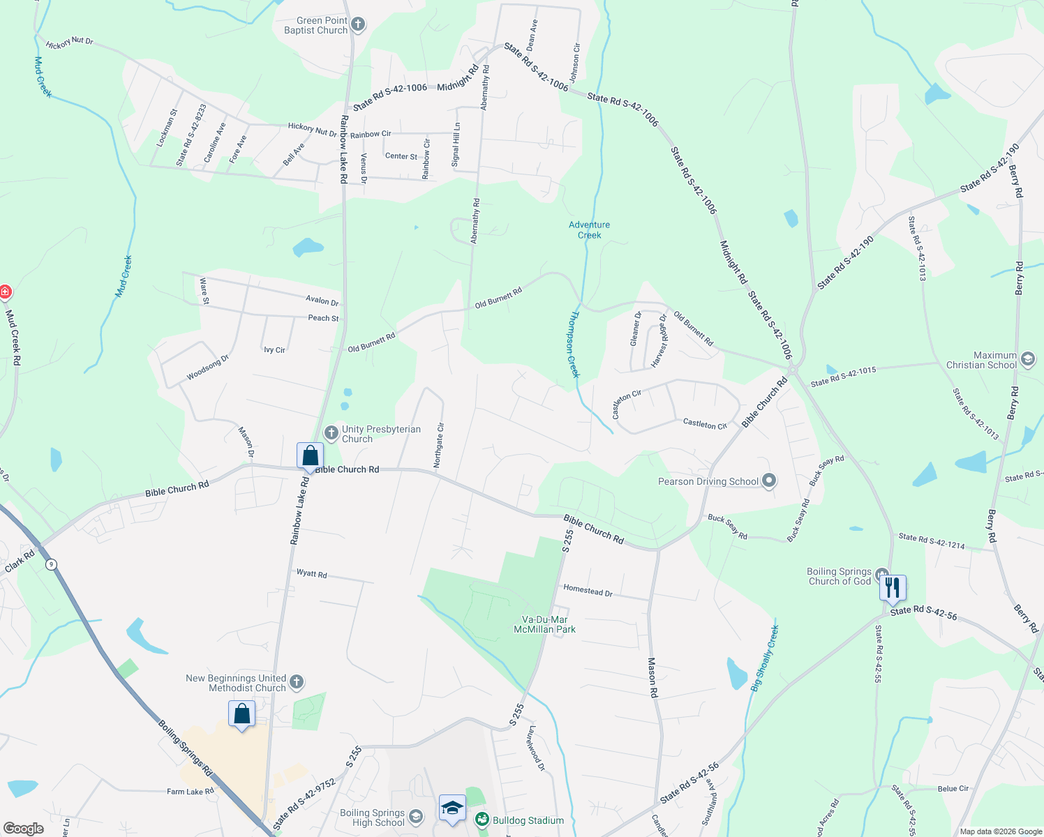 map of restaurants, bars, coffee shops, grocery stores, and more near 431 Abberly Lane in Boiling Springs