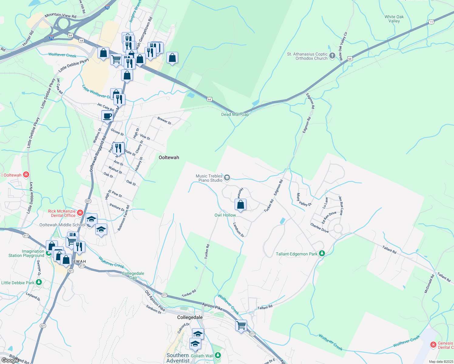 map of restaurants, bars, coffee shops, grocery stores, and more near 5576 Jonquil Lane in Ooltewah