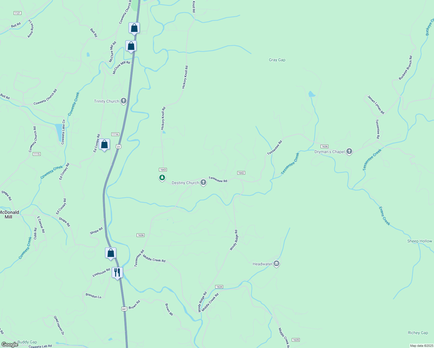 map of restaurants, bars, coffee shops, grocery stores, and more near 2600 Hickory Knoll Road in Franklin