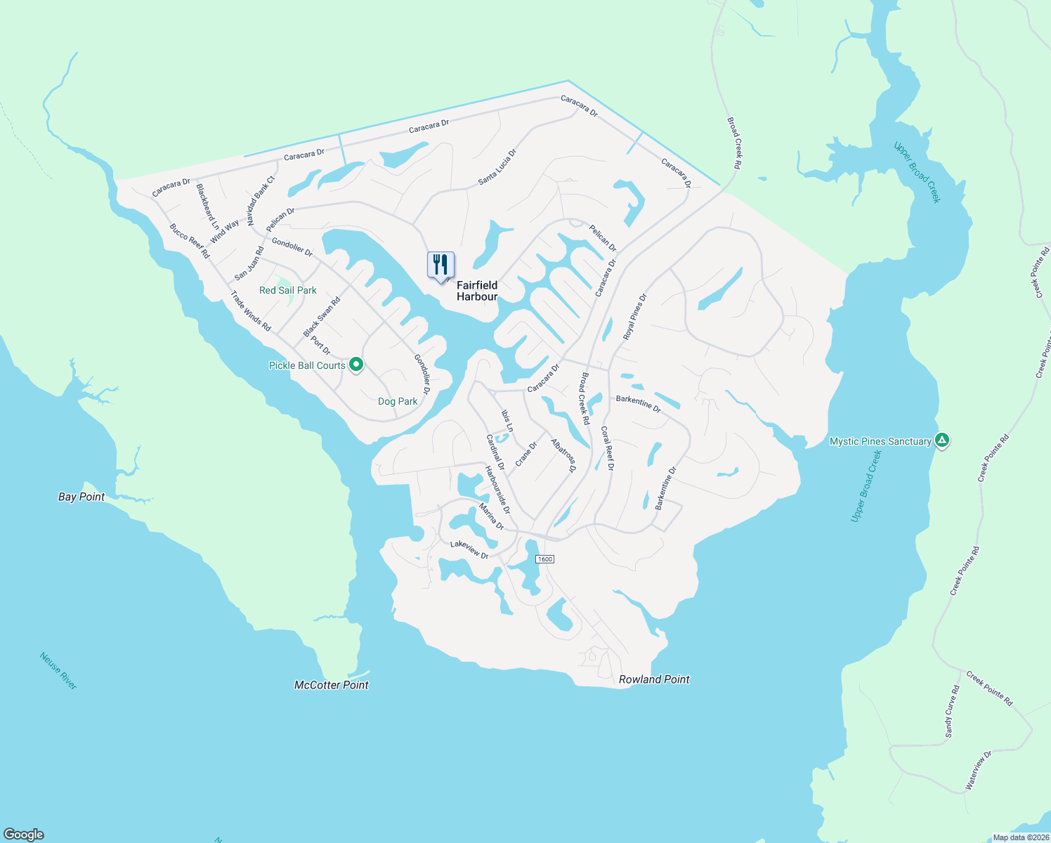 map of restaurants, bars, coffee shops, grocery stores, and more near 6108 Albatross Drive in New Bern