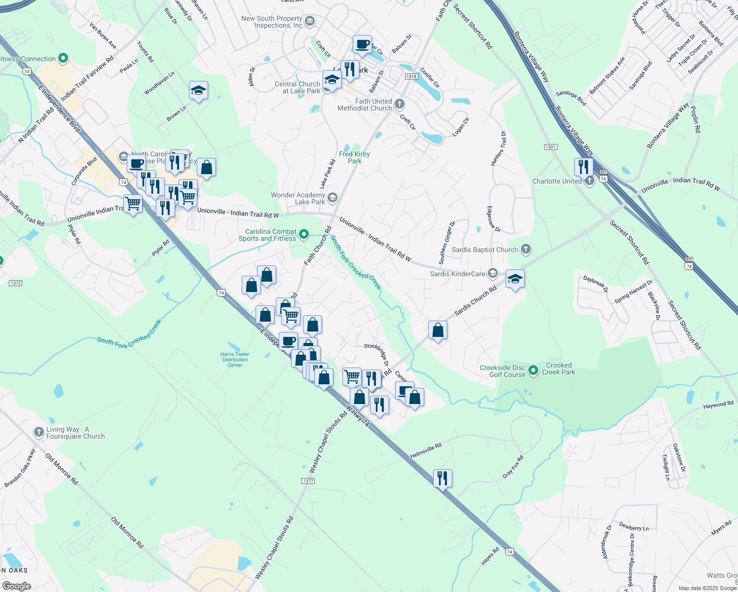 map of restaurants, bars, coffee shops, grocery stores, and more near 1734 Cottage Creek Rd in Indian Trail