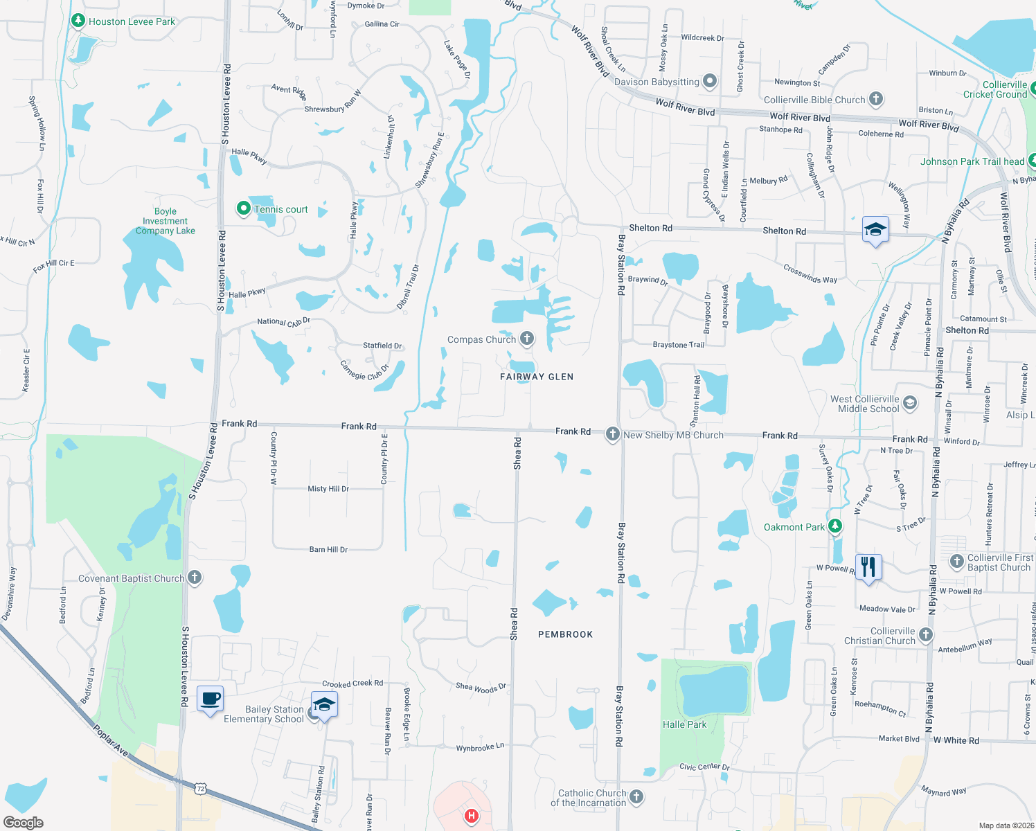 map of restaurants, bars, coffee shops, grocery stores, and more near 1480 Frank Road in Collierville