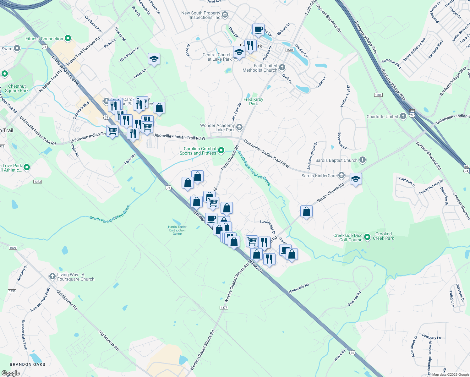 map of restaurants, bars, coffee shops, grocery stores, and more near 2213 Tree Ridge Road in Indian Trail